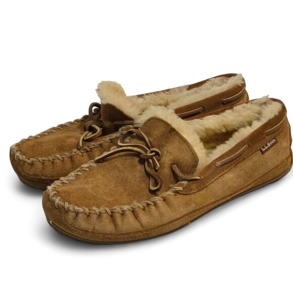 LL Bean Wicked Good Moccasin Slippers Mens Sz 8M Brown Tan Suede Shearling Lined - Picture 1 of 6